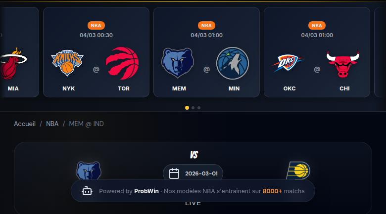 NBA match page on ProbWin — MEM @ IND with team logos, date and countdown
