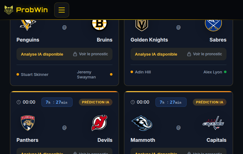 NHL match cards with confirmed goalies and AI Prediction badges